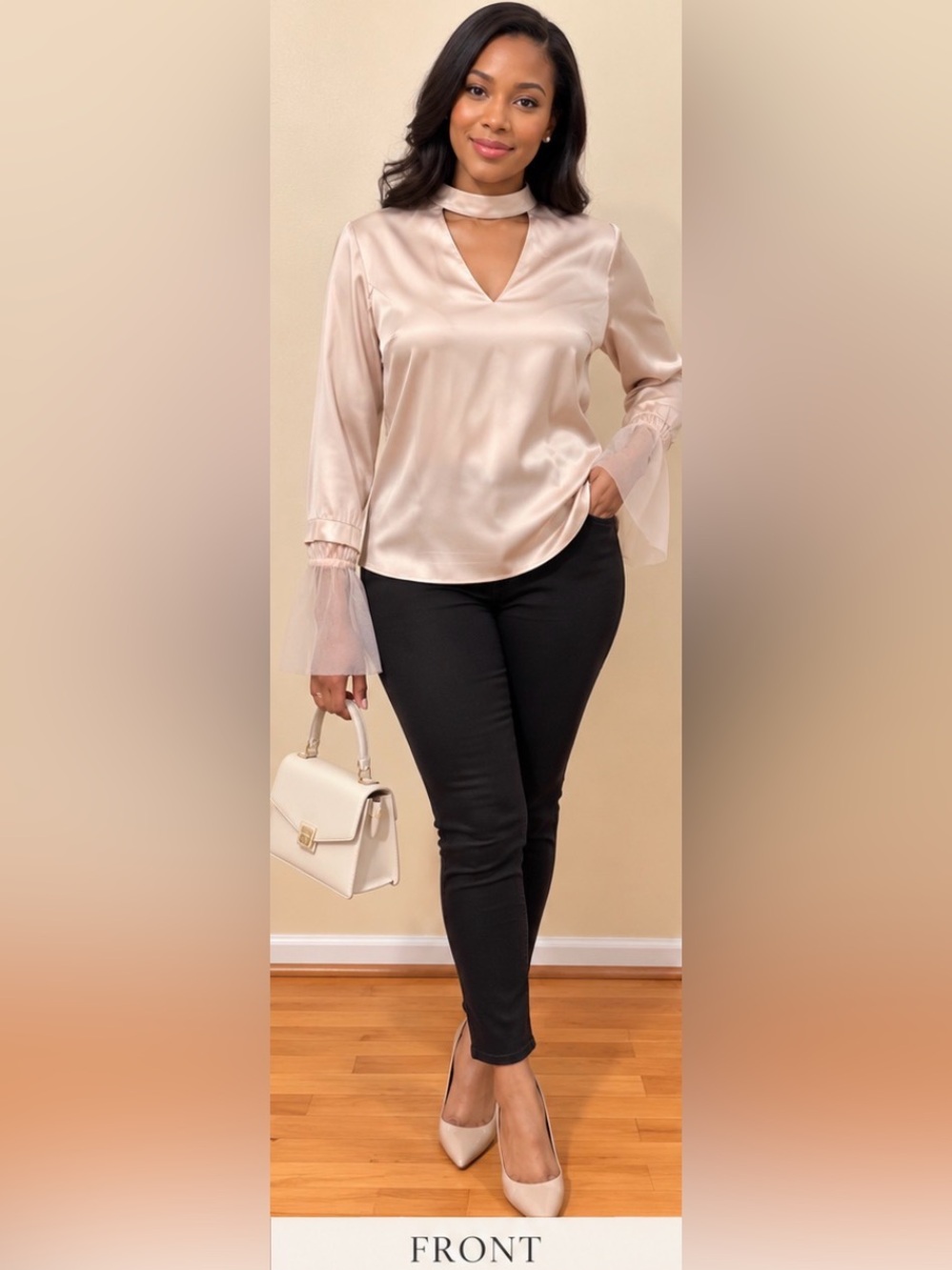 Shiarjo Blush Champagne Satin Choker V-Neck Tulle Cuff Blouse